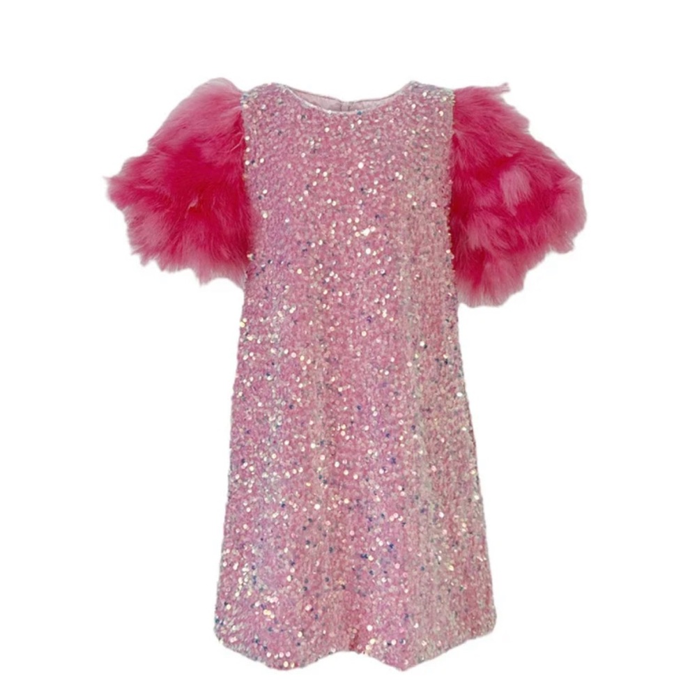 Lola + The Boys Sparkling Pink Dress with Fluffy Sleeves